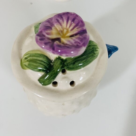 Bluebird Pansies Salt Pepper Shakers VTG Hobnail 3D Ceramic Cottage Tableware - Picture 13 of 13